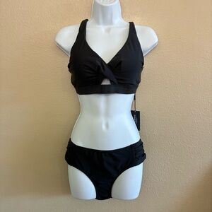 Ocean Blues Women's V-Neck Bikini Top Retro Cutout Ruched Sides Bikini Bottom M